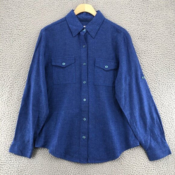 Coldwater Creek Shirt Womens Medium Blue Linen Blend Button Collar Long Sleeve - Picture 1 of 10